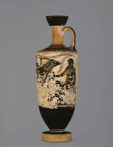 Attic white-ground lekythos depicting Odysseus and Polyphemus, early 5th century BC. Artist: Theseus Painter