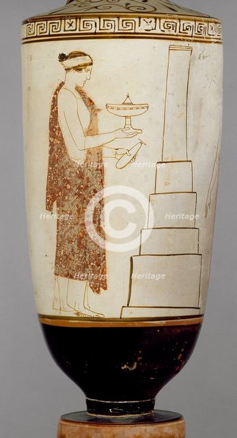 Attic white-ground lekythos showing a woman and youth at a tomb, 5th century BC. Artist: Achilles Painter.