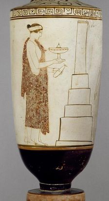 Attic white-ground lekythos showing a woman and youth at a tomb, 5th century BC. Artist: Achilles Painter