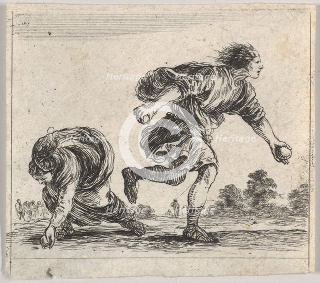 Atalanta and Hippomenes, from 'Game of Mythology' (Jeu de la Mythologie), 1644. Creator: Stefano della Bella.