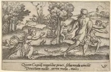 Atalanta and Hippomenes, in the foreground Atalanta kneeling to pick up an apple an..., ca. 1535-62. Creator: Virgil Solis