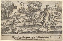 Atalanta and Hippomenes, in the foreground Atalanta kneeling to pick up an apple an..., ca. 1535-62. Creator: Virgil Solis