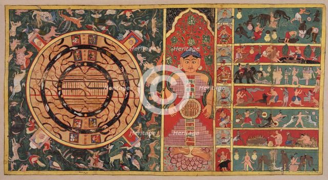 Athai-dvipa: The two and a half continents, the universe in the shape of a person..., 1613. Creator: Unknown.