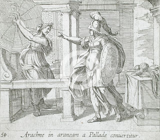 Athena Changing Arachne into a Spider, published 1606. Creators: Antonio Tempesta, Wilhelm Janson.