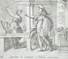 Athena Changing Arachne into a Spider, published 1606. Creators: Antonio Tempesta, Wilhelm Janson