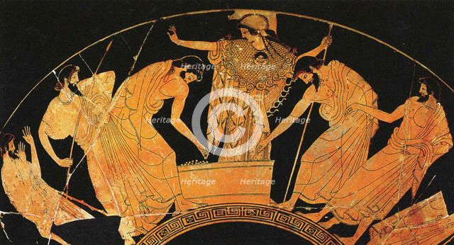 Athena presides over the voting for the award of the arms of Achilles, c. 490 BC. Creator: Duris (Douris), (Vase painter) (ca. 505-465 BC).