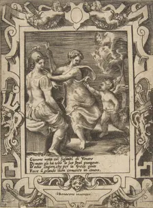 Athena seated near Juno who has taken away Cupid's arrows, set within an elaborate fram..., 1531-76. Creator: Giulio Bonasone