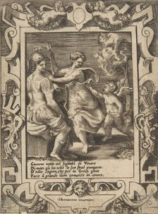 Athena seated near Juno who has taken away Cupid's arrows, set within an elaborate fram..., 1531-76. Creator: Giulio Bonasone