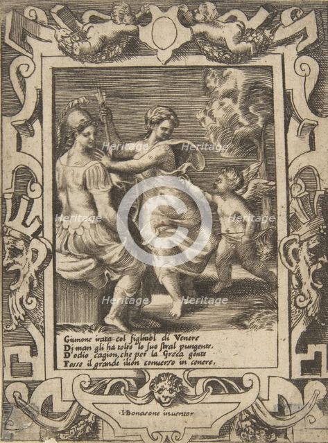 Athena seated near Juno who has taken away Cupid's arrows, set within an elaborate fram..., 1531-76. Creator: Giulio Bonasone.