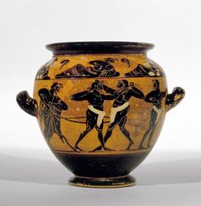 Athenian black-figure stamnos depicting athletes around belly of the vase and a symposium of men and Artist: Michigan Painter