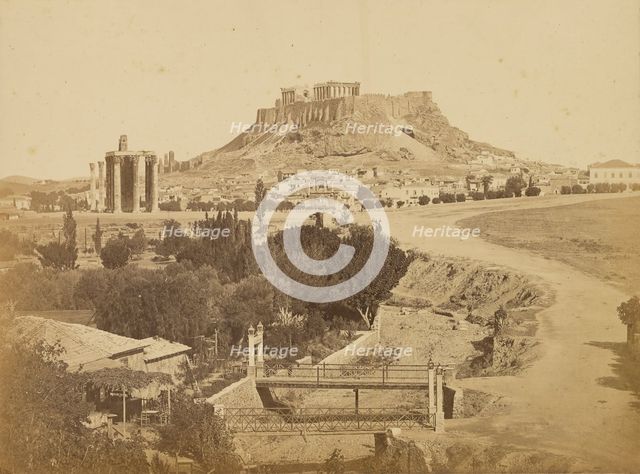 Athens - view of the Acropolis from the southeast, including temple of Zeus Olympios..., 1865. Creator: Konstantinos Dimitriou.