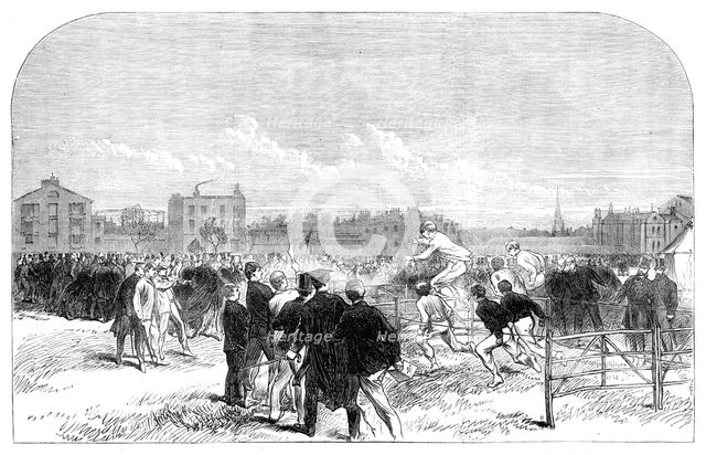 Athletic sports by the Westminster scholars in their playground:...the hurdle race, 1864. Creator: Unknown.