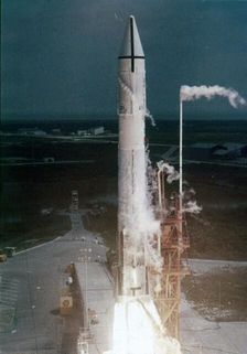 Atlas-Centaur rocket lifting off, Cape Canaveral Air Force Station, Florida, USA. Creator: NASA