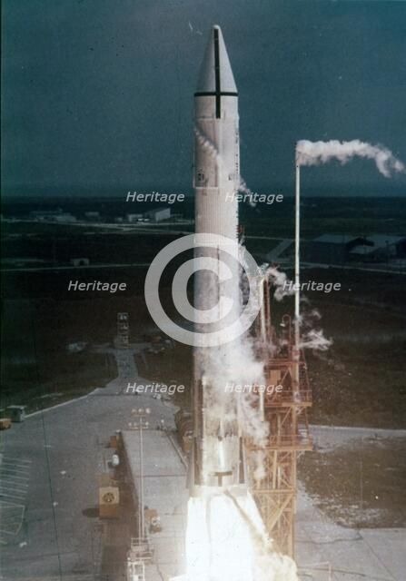 Atlas-Centaur rocket lifting off, Cape Canaveral Air Force Station, Florida, USA. Creator: NASA.
