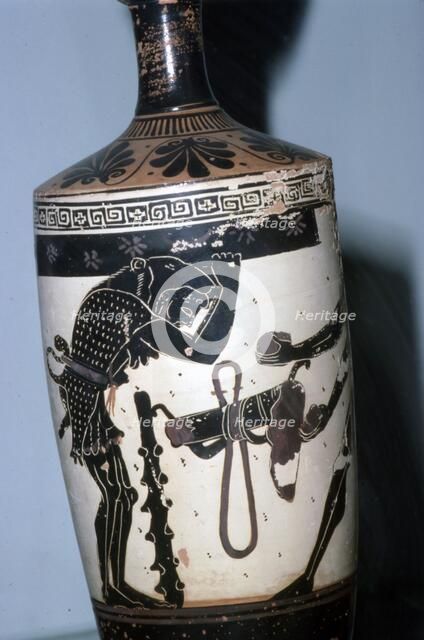 Atlas, Heracles and the golden apples, Athenian black-figure lekythos, c6th century BC. Artist: Unknown.