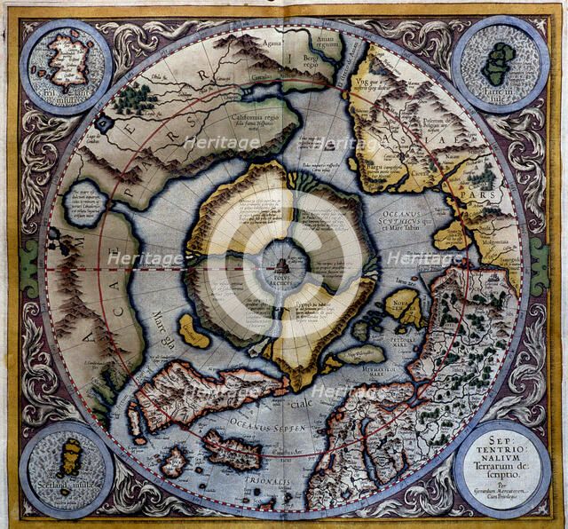  'Atlas of Gerardus Mercator', 1595, map of the Arctic to the North Pole and surrounding lands wi…