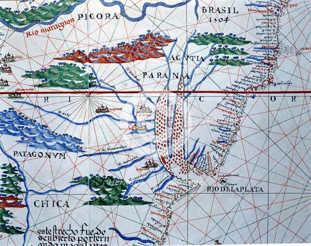 Atlas of Joan Martines, Messina, 1582. Portulan chart of South America. Atlantic Coast up to the …