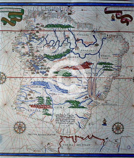 Atlas of Joan Martines, Messina, 1582. Portulan chart of South America, from Panama to Tierra del…