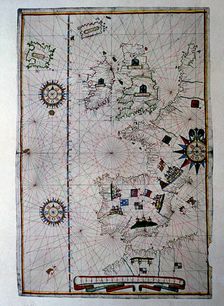 Atlas of Joan Martines, Messina, 1582. Portulan chart of Western Europe showing the Iberian penin…