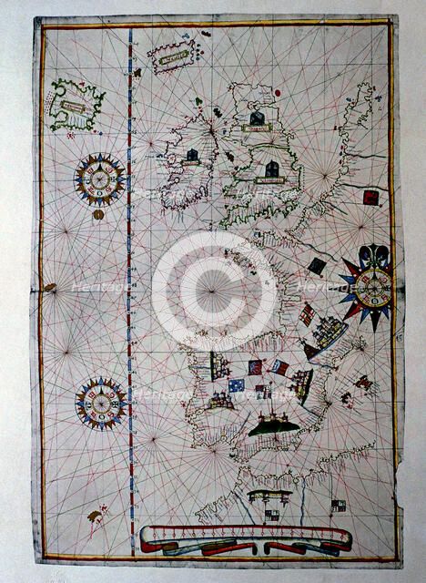 Atlas of Joan Martines, Messina, 1582. Portulan chart of Western Europe showing the Iberian penin…