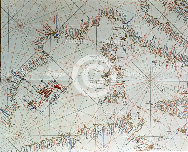 Atlas of Joan Martines, Messina, 1582. Portulan chart of western Mediterranean, with European coa…