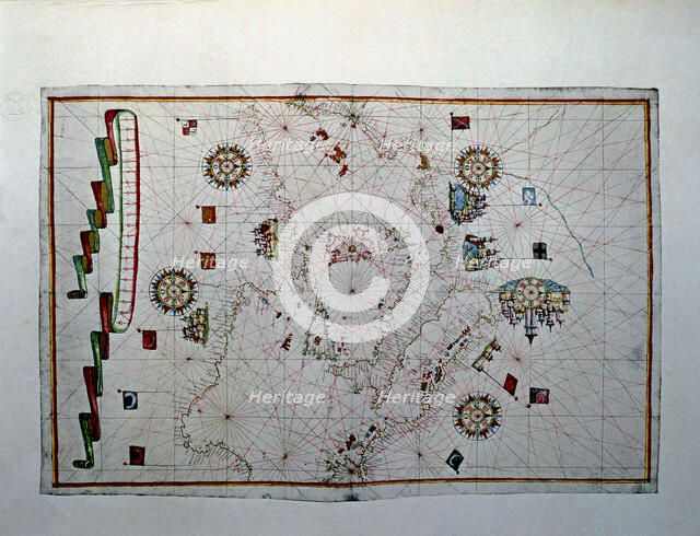 Atlas of Joan Martines, Messina, 1582. Portulan chart of the Mediterranean sea, with its islands,…
