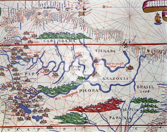 Atlas of Joan Martines, Messina, 1582. Portulan chart of the Amazon River with its basin in full …