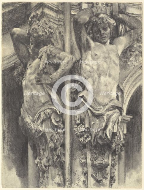 Atlases on the Wallpavillon of the Dresden Zwinger, 1880. Creator: Adolph Menzel.