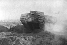 Au Combat; Un tank en action: sa tourelle gauche est armee d'un petit canon marine a tir rapide 1 Creator: Unknown