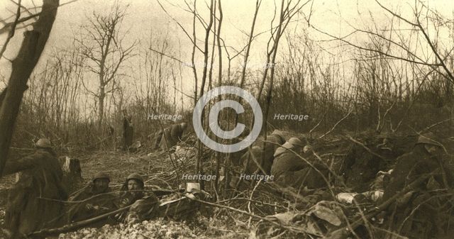 'Au Bois Des Caures; En soutien a la corne Sud du bois, le meme matin, des elements..., 1916 (1924) Creator: Unknown.