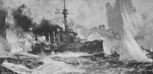 Au fort de la bataille Jutland ; le croiseur cuirasse "Warrior" riposant au feu de six..., 1916. Creator: Charles Dixon