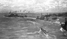 Au fort de la bataille Jutland ; Trois croiseurs de bataille britanniques, suivis de..., 1916. Creator: Charles Pears