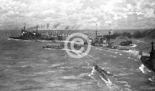 ' Au fort de la bataille Jutland ; Trois croiseurs de bataille britanniques, suivis de..., 1916. Creator: Charles Pears.