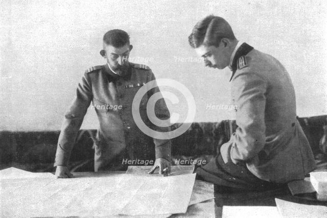 'Au quartier general du roi de Roumanie; le roi Ferdinand et son fils aine, le prince..., 1916. Creator: Unknown.