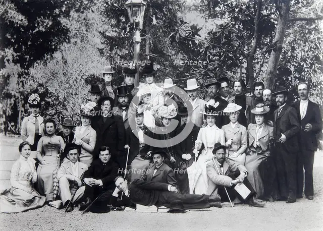 Author Maxim Gorky and Anton Chekhov between the actors of the Moscow Art Theatre, 1900. Artist: Unknown