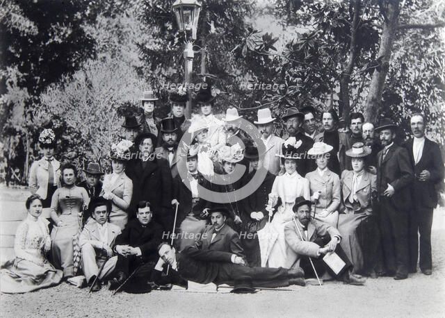 Author Maxim Gorky and Anton Chekhov between the actors of the Moscow Art Theatre, 1900. Artist: Unknown