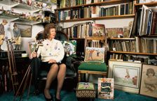 Author Sarah Fabian Baddiel, with some of her collection of golfiana, c2004