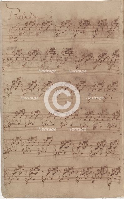 Autograph manuscript of the first page of the Prelude No. 1 from the first part of the Well..., 1722 Creator: Bach, Johann Sebastian (1685-1750).