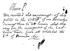 Autograph note of Oliver Cromwell to a petition of the East India Company, November 1657, (1893)