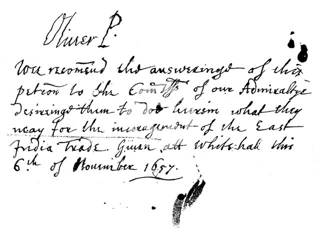 Autograph note of Oliver Cromwell to a petition of the East India Company, November 1657, (1893). Artist: Unknown