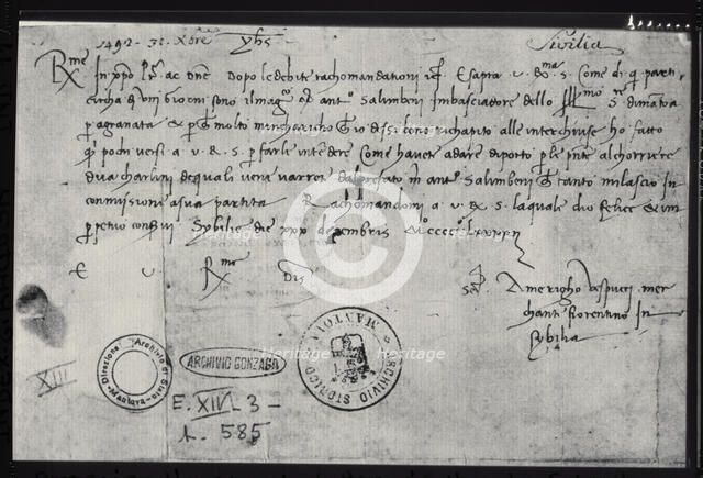 Autograph letter of Amerigo Vespucci written on 30th December 1492 in Seville to the Ducal Commis…