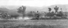 Autour de la bataille ; Un gros canon francais tire par un attelage de dix buffles 1916. Creator: Unknown