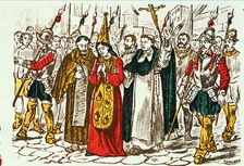 Auto-da-fe, a woman accused of heresy walks towards death in the streets of Barcelona, drawing in…