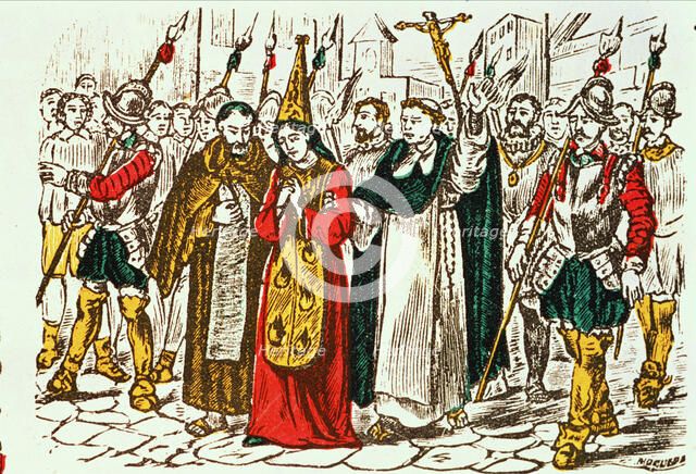 Auto-da-fe, a woman accused of heresy walks towards death in the streets of Barcelona, drawing in…