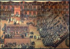 Auto-da-Fé in Plaza Mayor in Madrid, 17th century. Creator: Rizzi, Francisco. (1608 - 1685)