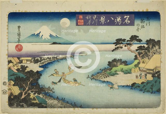 Autumn Moon of the Jewel River, View of Fishermen Catching Sweetfish (Tamagawa..., c. 1833/34. Creator: Utagawa Toyokuni II.