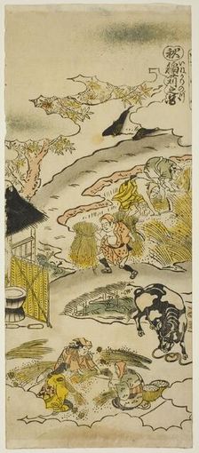 Autumn: Harvesting Rice (Aki: inekari no zu), No. 3 from the series "The Four Seasons..., c. 1730s. Creator: Torii Kiyomasu