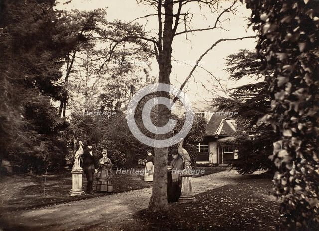 Autumn Scene with People on Lawn near Cottage, ca. 1855. Creator: Unknown.