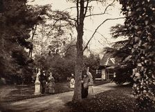 Autumn Scene with People on Lawn near Cottage, ca. 1855. Creator: Unknown