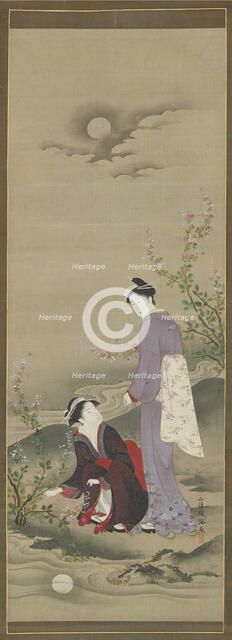 Autumn: Two women gazing at the reflection of the moon, early 19th century. Creator: Kubo Shunman.